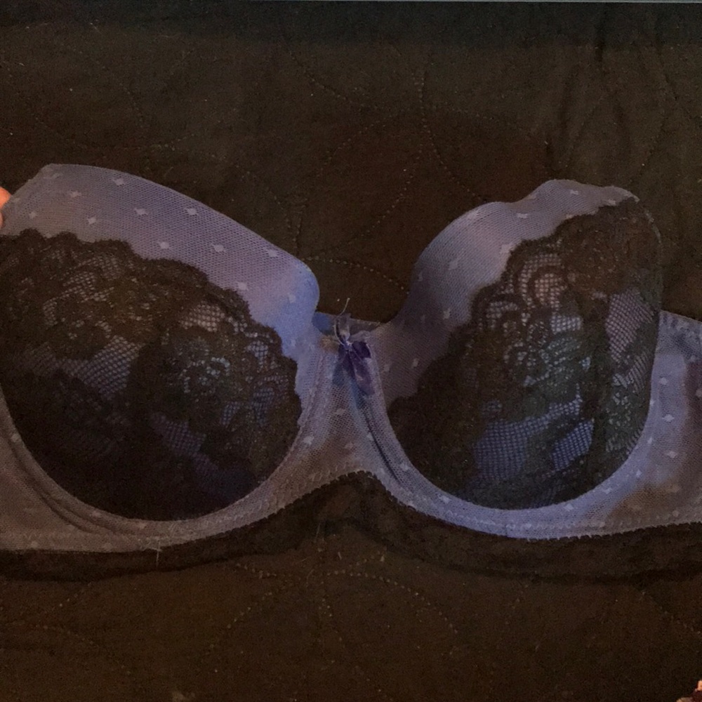 Blue and black lace strapless bra